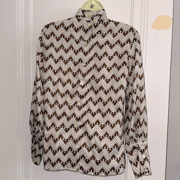Vtg  60s/70s Country Set Brown, White & Tan Zig Zag Pattern Long Sleeve Blouse - Picture 6 of 9